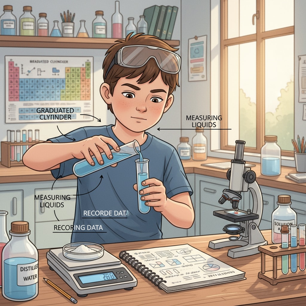 K12 student doing a science experiment to build skills for potential major switch from software engineering to hard science and work towards a bachelor's degree.