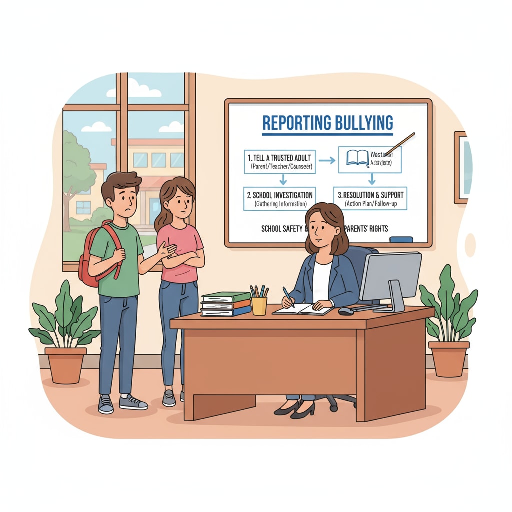 Students reporting bullying to a teacher for school safety and parents' rights to ensure proper handling.