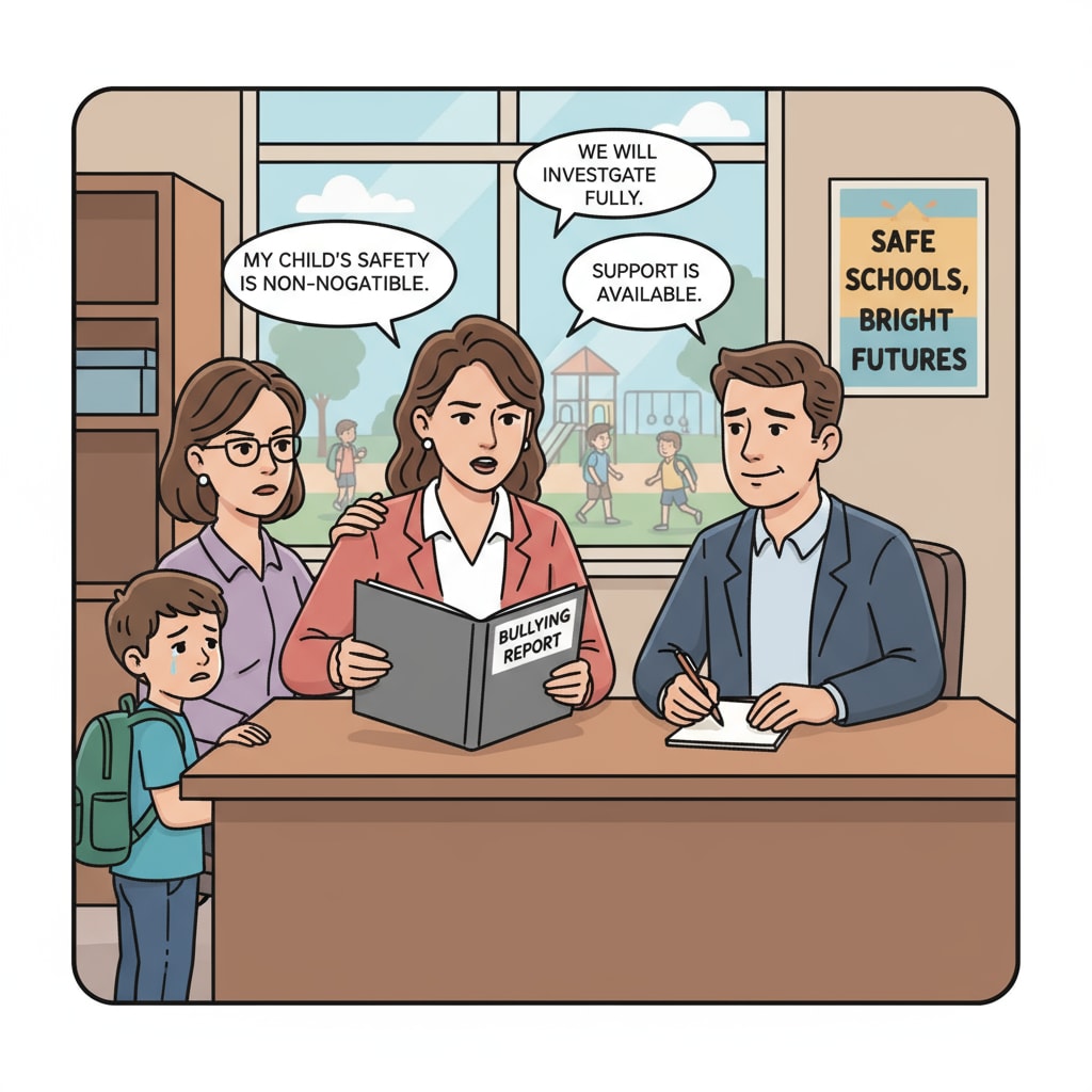 Parent advocating for their child's rights in a school bullying case related to school safety.