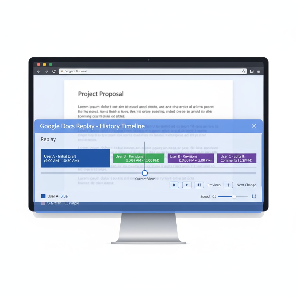 A screenshot of Google Docs Replay extension interface showing the timeline of document edits Google Docs Replay extension interface for tracking student writing process related to plagiarism detection and teaching evaluation
