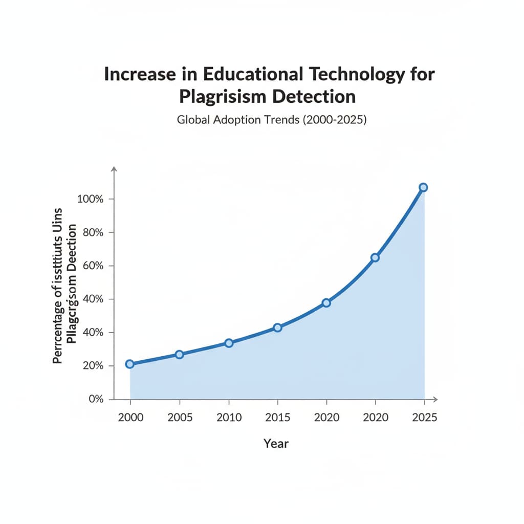 A graph showing the increase in the use of educational technology for plagiarism detection over the years Graph depicting the growth of educational technology usage in plagiarism detection, relevant to student writing and teaching evaluation