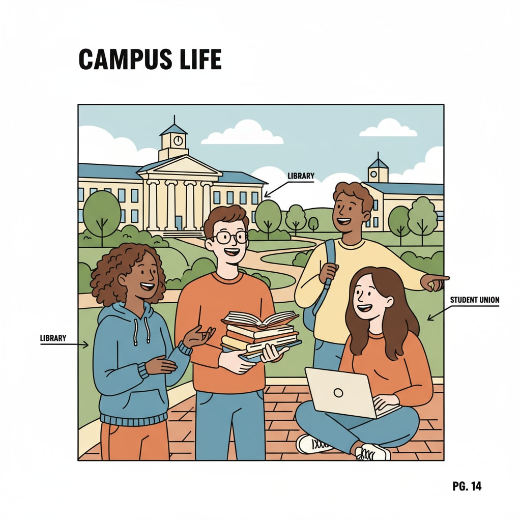 A group of students chatting and laughing on a university campus, showing the social atmosphere of the university. Home-schooled high school students adapting to the social environment in university