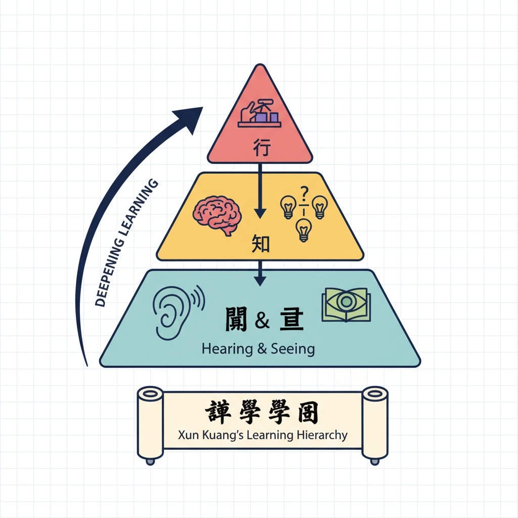 Xun Kuang's learning hierarchy related to learning theories, practical learning, and its connection to Dale's Cone of Experience