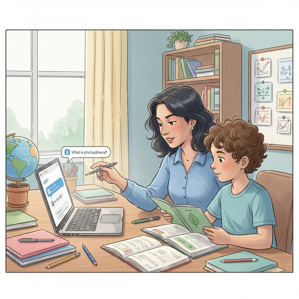 A parent and child using AI to assist with homework, highlighting AI cheating, parental indulgence, and writing skills issues