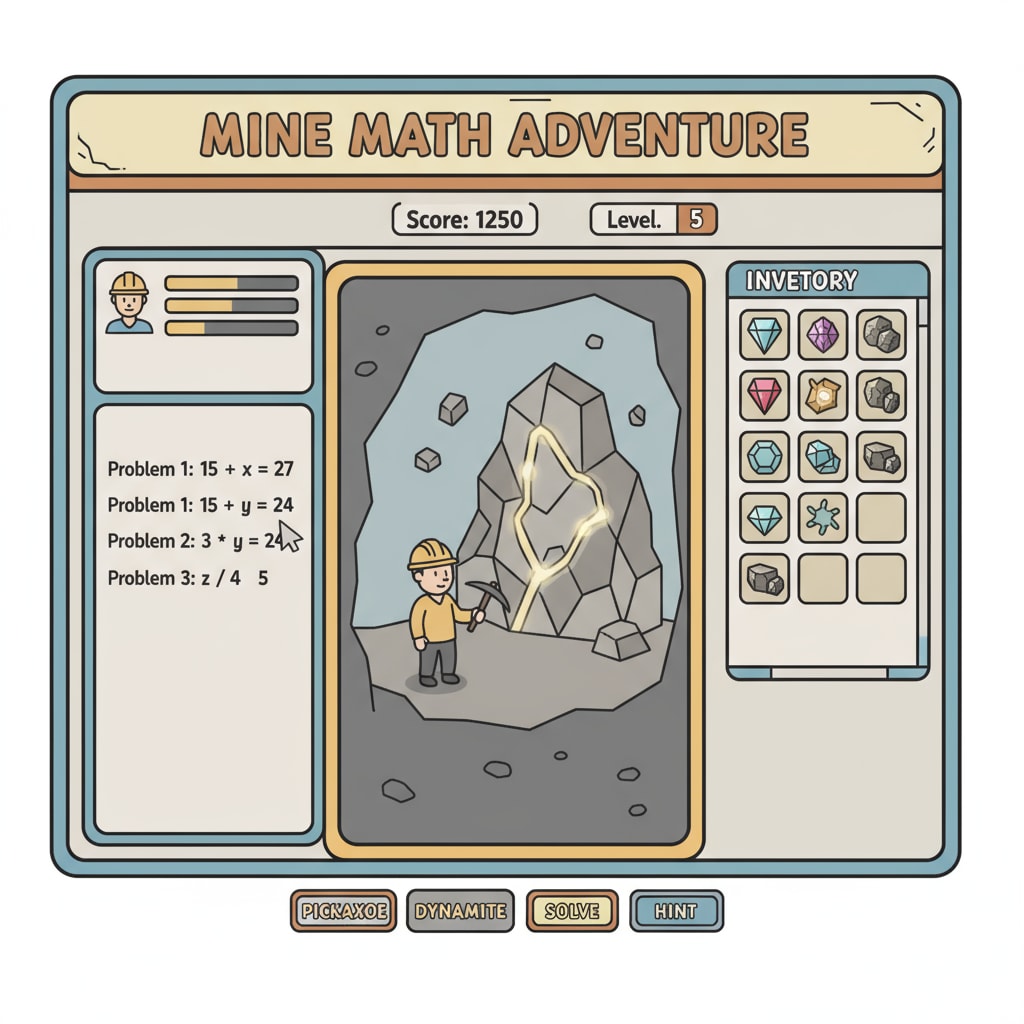 A screenshot of the math-driven educational mining game prototype interface