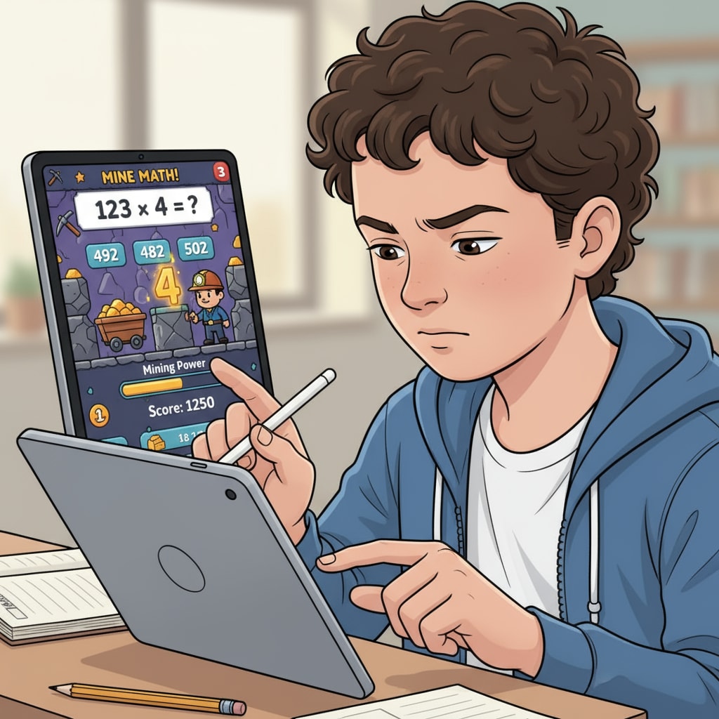 A student solving a math problem in the educational mining game prototype