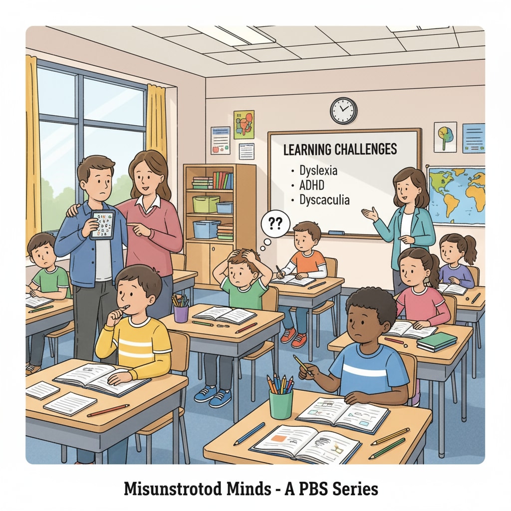 A still from the PBS series 'Misunderstood Minds' showing students in a classroom setting. A scene from the PBS series 'Misunderstood Minds' related to students with learning difficulties in an educational teaching environment.