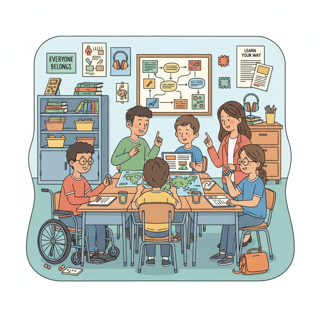 A group of students with diverse learning needs interacting in a supportive classroom environment. Students with various learning difficulties engaged in positive interaction in an educational teaching classroom.