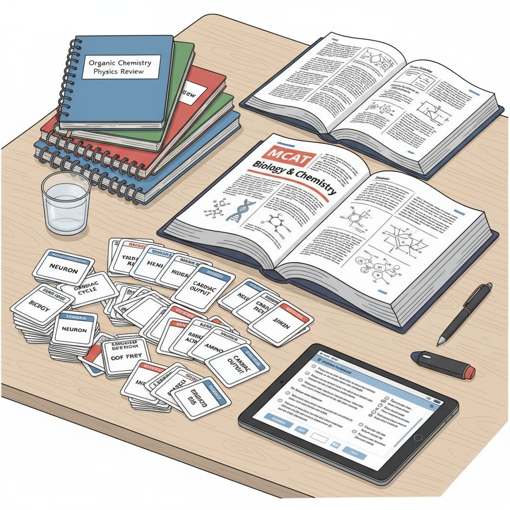 Study materials highlighting knowledge gaps for medical school entrance exams