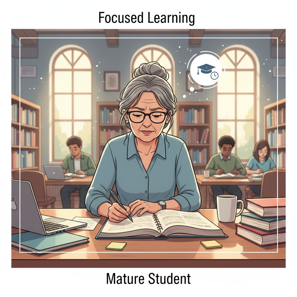 Mature student studying in college library relevant to late enrollment and college life