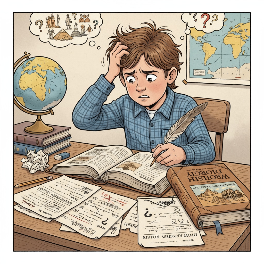 A middle school student struggling with a history assignment, highlighting the lack of historical knowledge in modern K12 education.