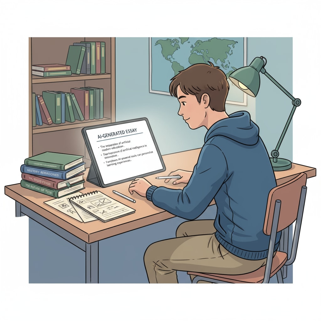 A student looking at an AI-generated essay on a screen relevant to student writing, educational objectives, and assignment authenticity