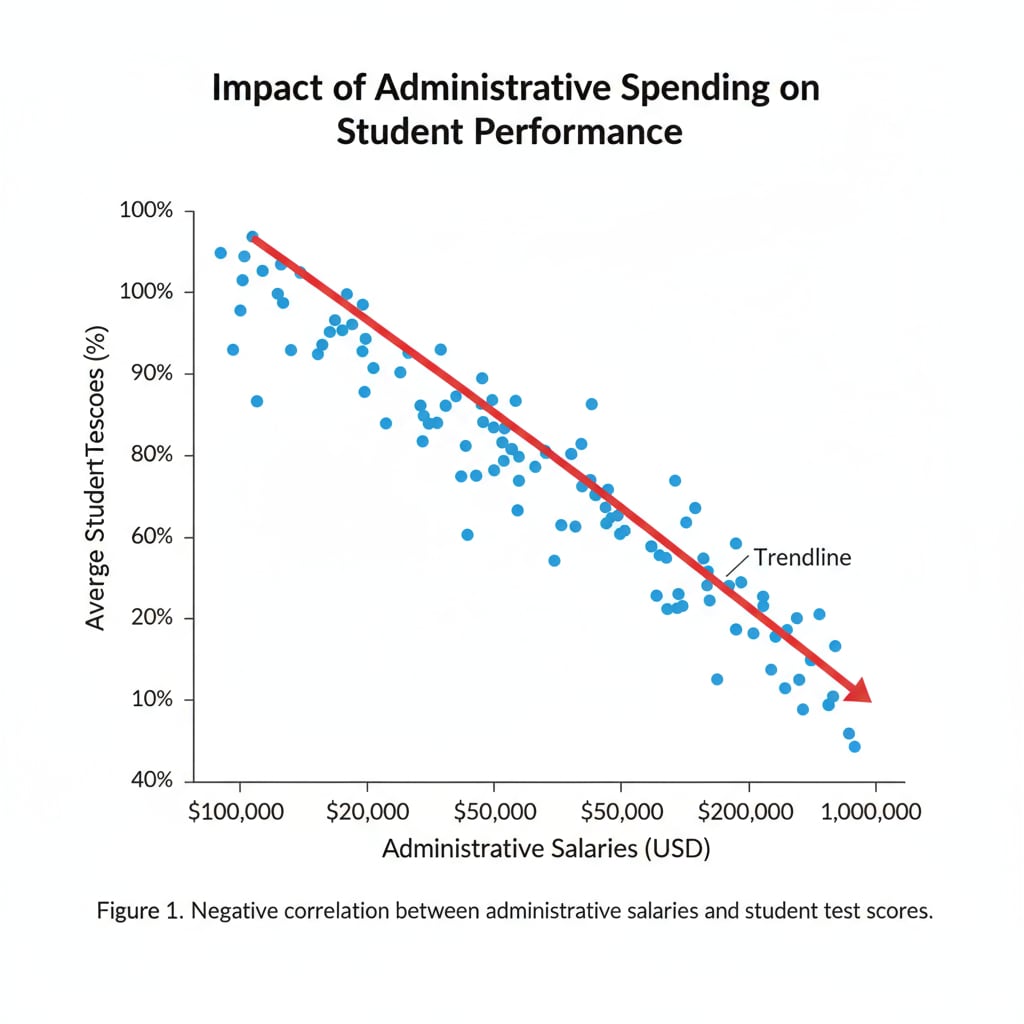 Graph showing the negative correlation between administrative salaries and student test scores in relation to education funding allocation