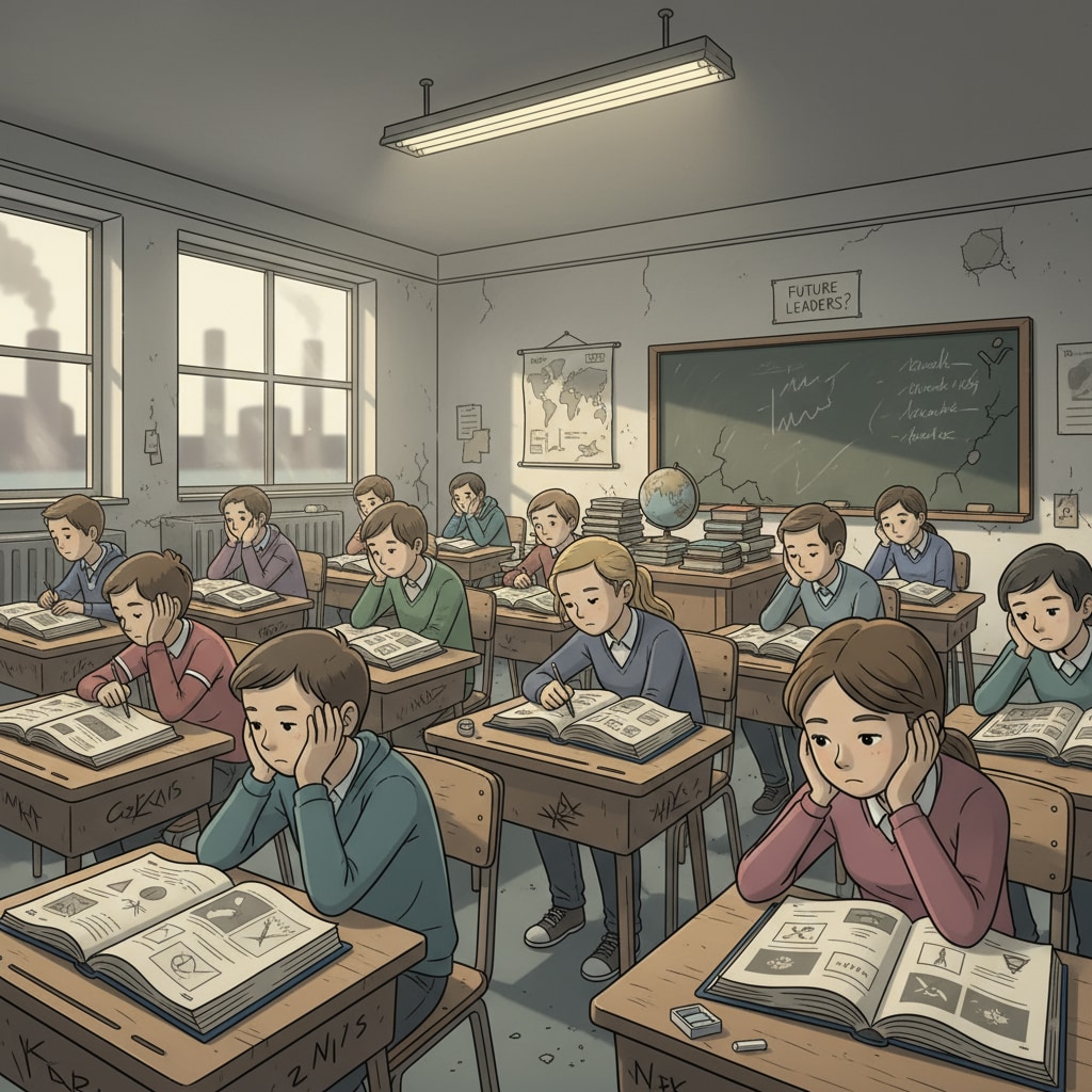 Classroom scene showing the impact of insufficient funding on student engagement related to administrative salaries and funding allocation