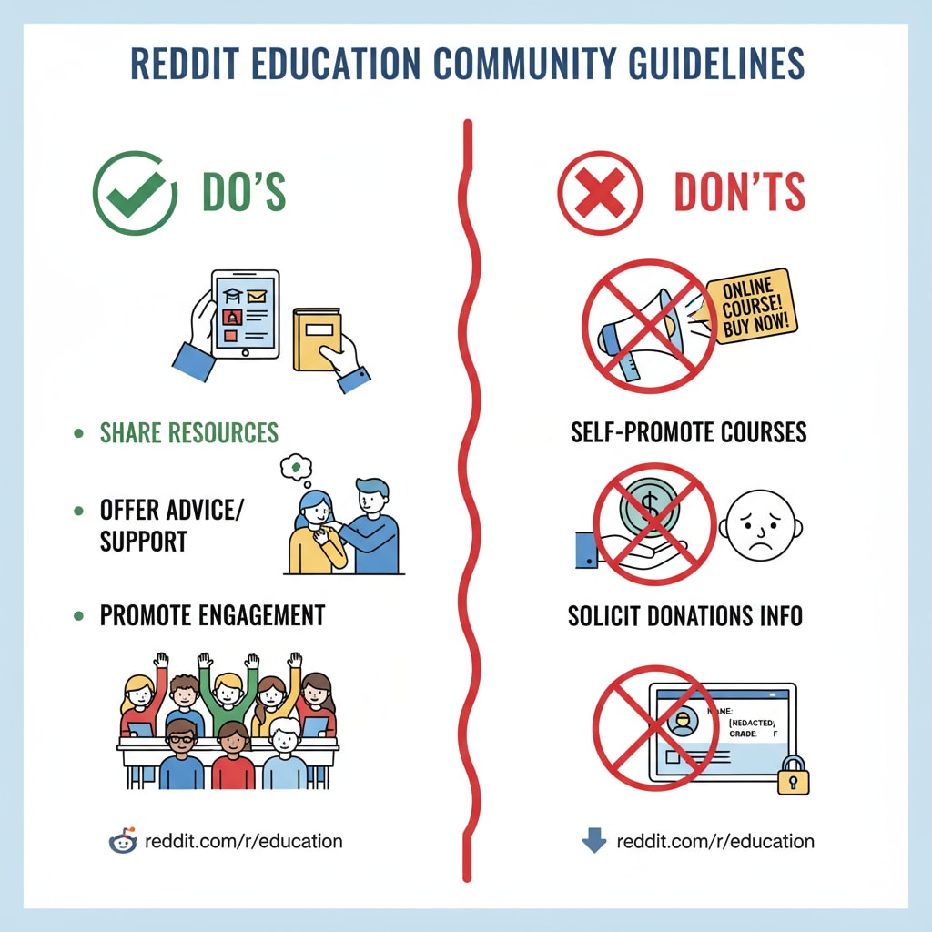 Graphic of do's and don'ts in Reddit's education community related to Reddit education sections, community rules, and educational subreddits