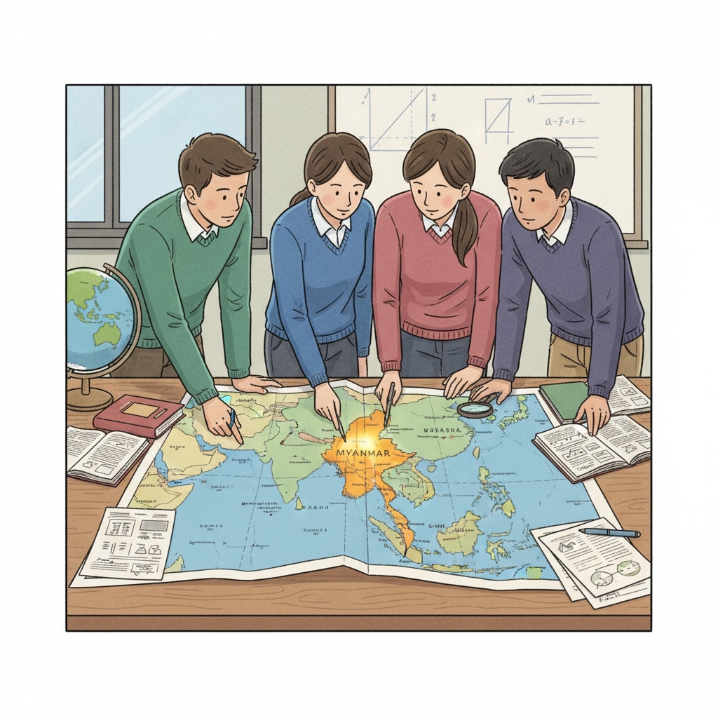 Students exploring Myanmar's location on a map as part of learning about its cultural heritage