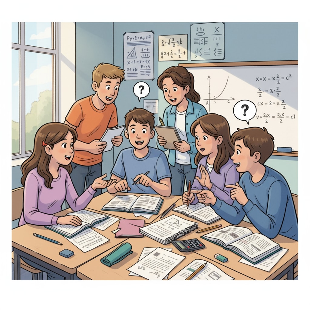 High school students discussing calculus-related math problems in a classroom, reflecting parental expectations in high school education.