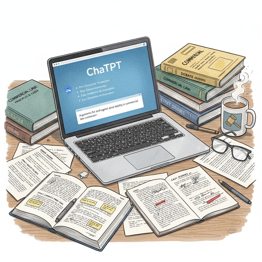 A student using ChatGPT for commercial law debate research, highlighting the intersection of technology and academic integrity.