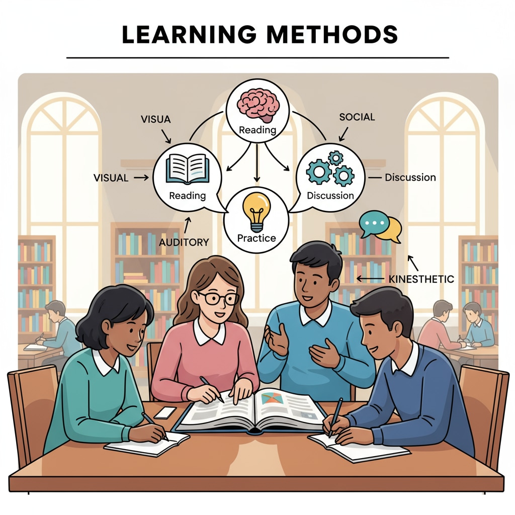 Students discussing effective learning methods for high scores in a library