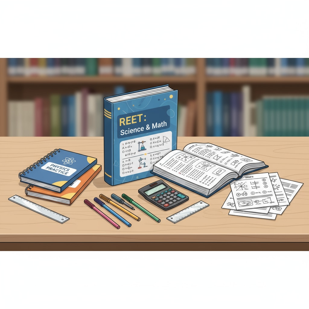 Books and papers with Science and Math test questions for REET exams