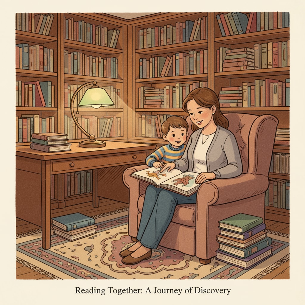 A parent and child engaged in reading educational books as part of family education academic resource utilization in teaching arrangements