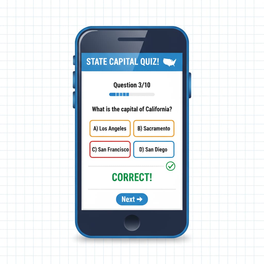 A state capital quiz game on a mobile device, demonstrating the use of a learning app in geography education.