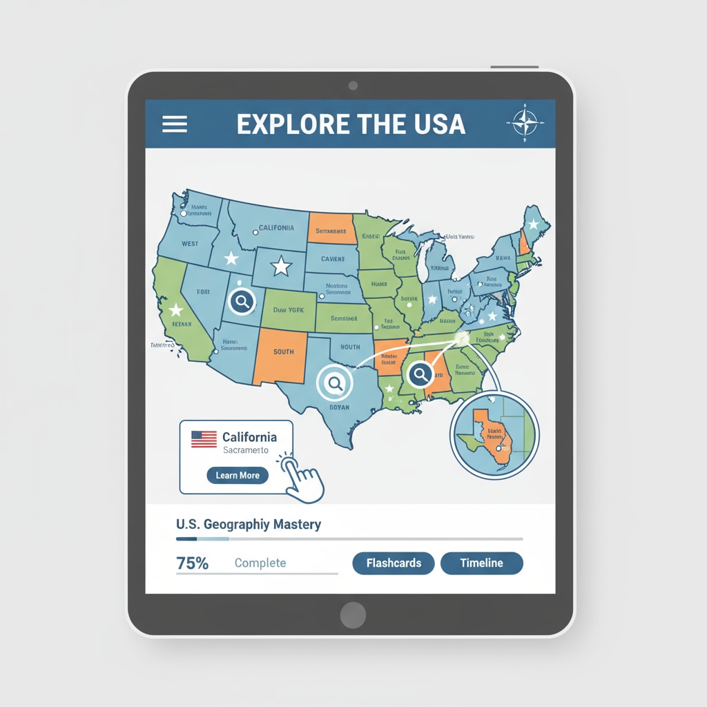 A map of the United States with states and capitals in a learning app, an important teaching aid for geography education.