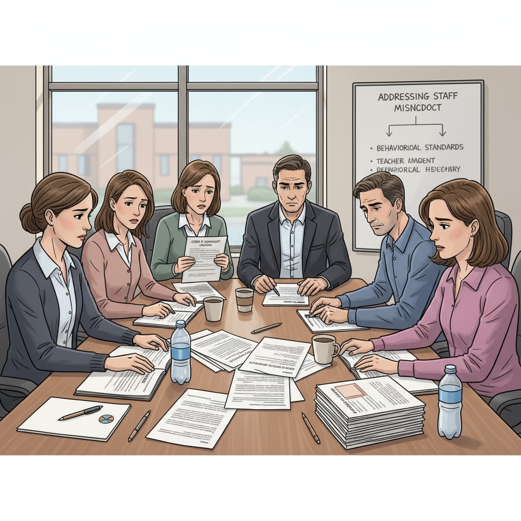 School administrators and teachers discussing workplace harassment, teacher management, and school administration issues