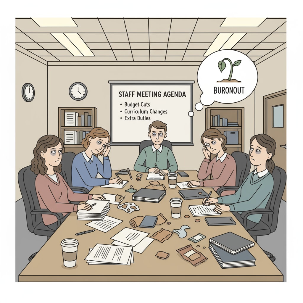 Teachers showing signs of burnout during a meeting