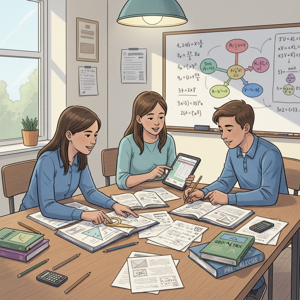 Students studying high school math textbooks for standardized tests using learning resources