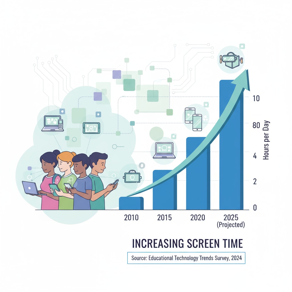 Graph of increasing digital device usage time by students, relevant to deep thinking, cognitive barriers, and sleep quality
