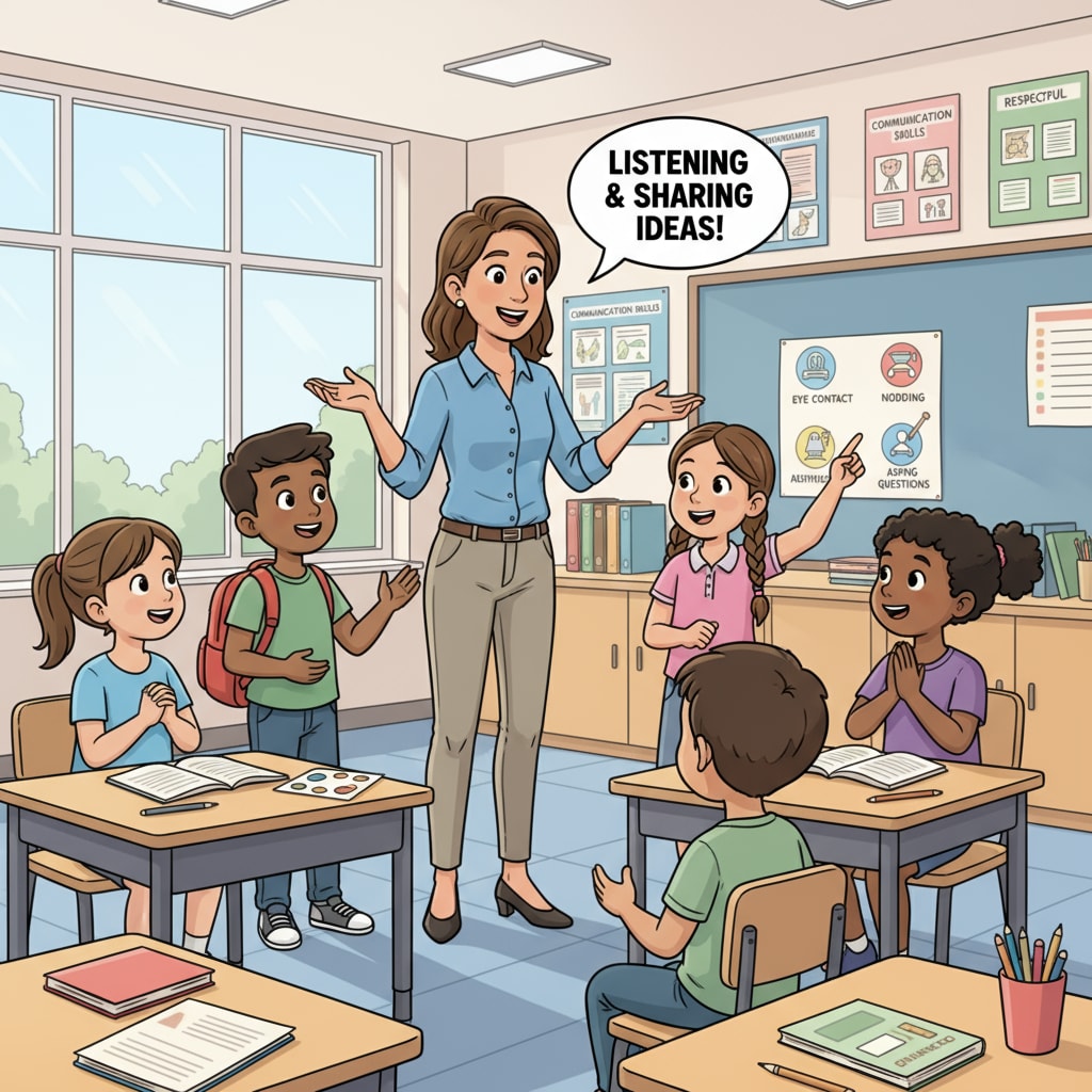 A teacher demonstrating communication skills in a classroom for short-term improvement during interviews