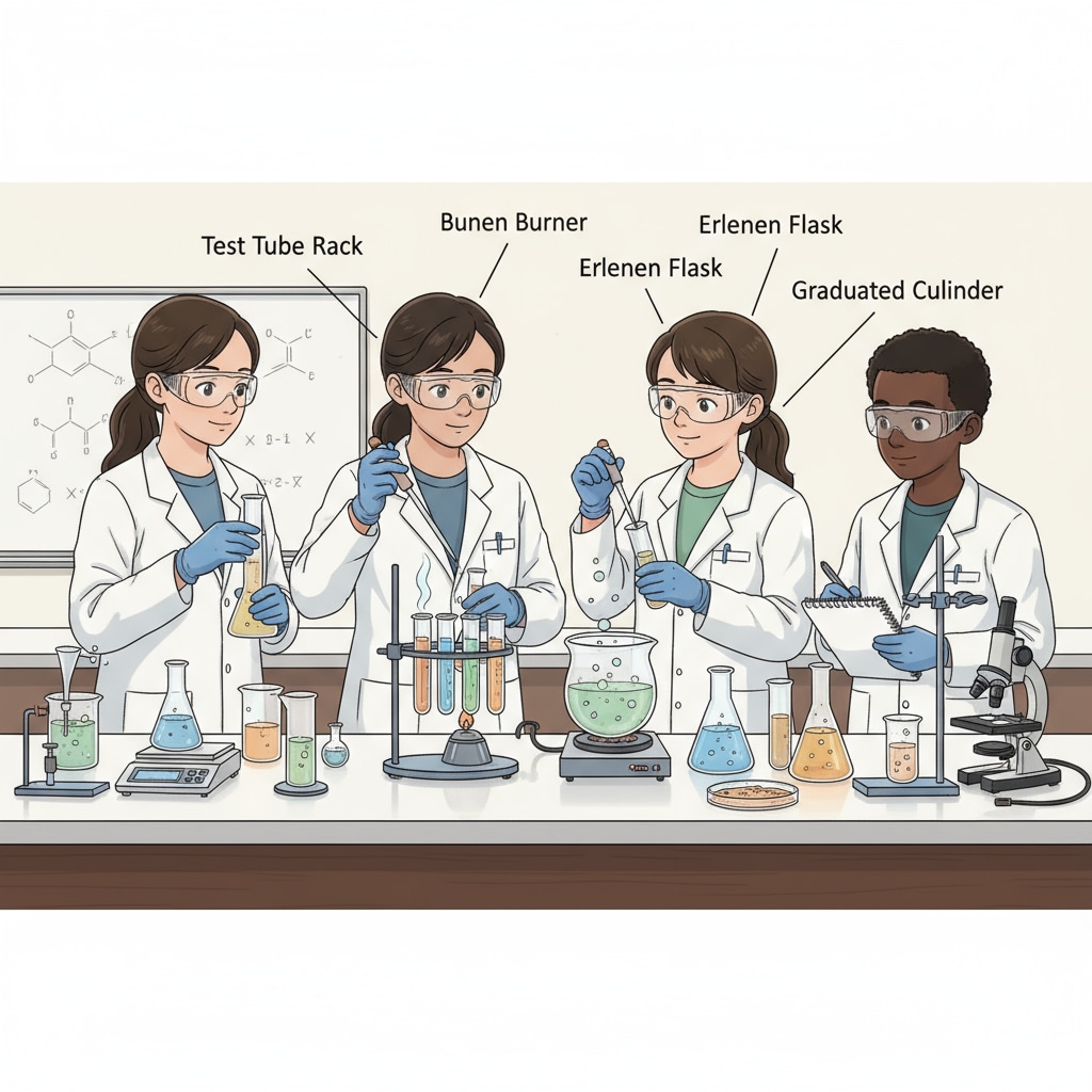 High school students engaged in a STEM - related extracurricular activity of a science experiment in a lab