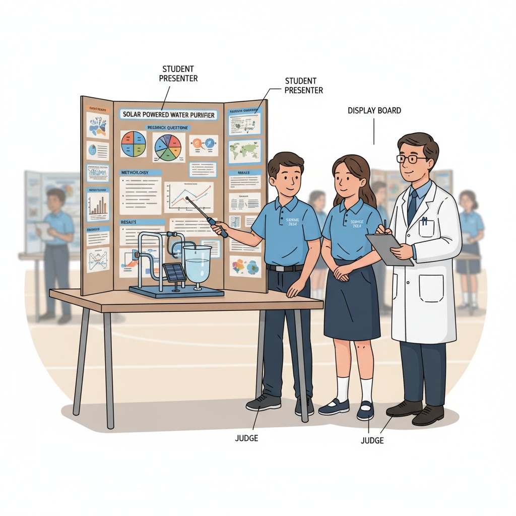 Students presenting their STEM - related project at an extracurricular science competition
