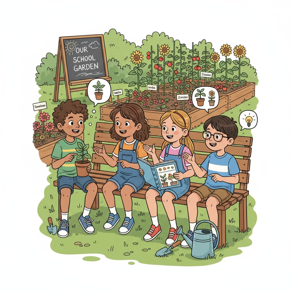 Students discussing gardening projects in a school garden, emphasizing the role of school gardens in social development