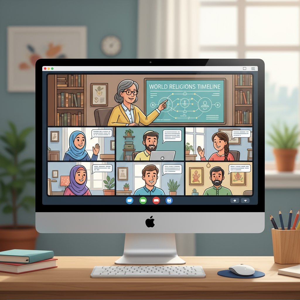 An online religious studies class with students from different regions interacting in the context of online courses, philosophy, religion, and modernity