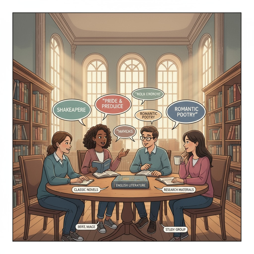 K12 educators discussing English literature during their master's degree studies in a library
