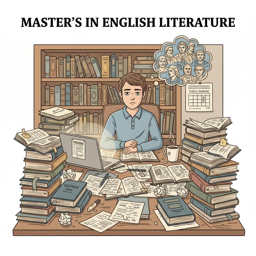A stressed K12 educator surrounded by materials for their English literature master's degree