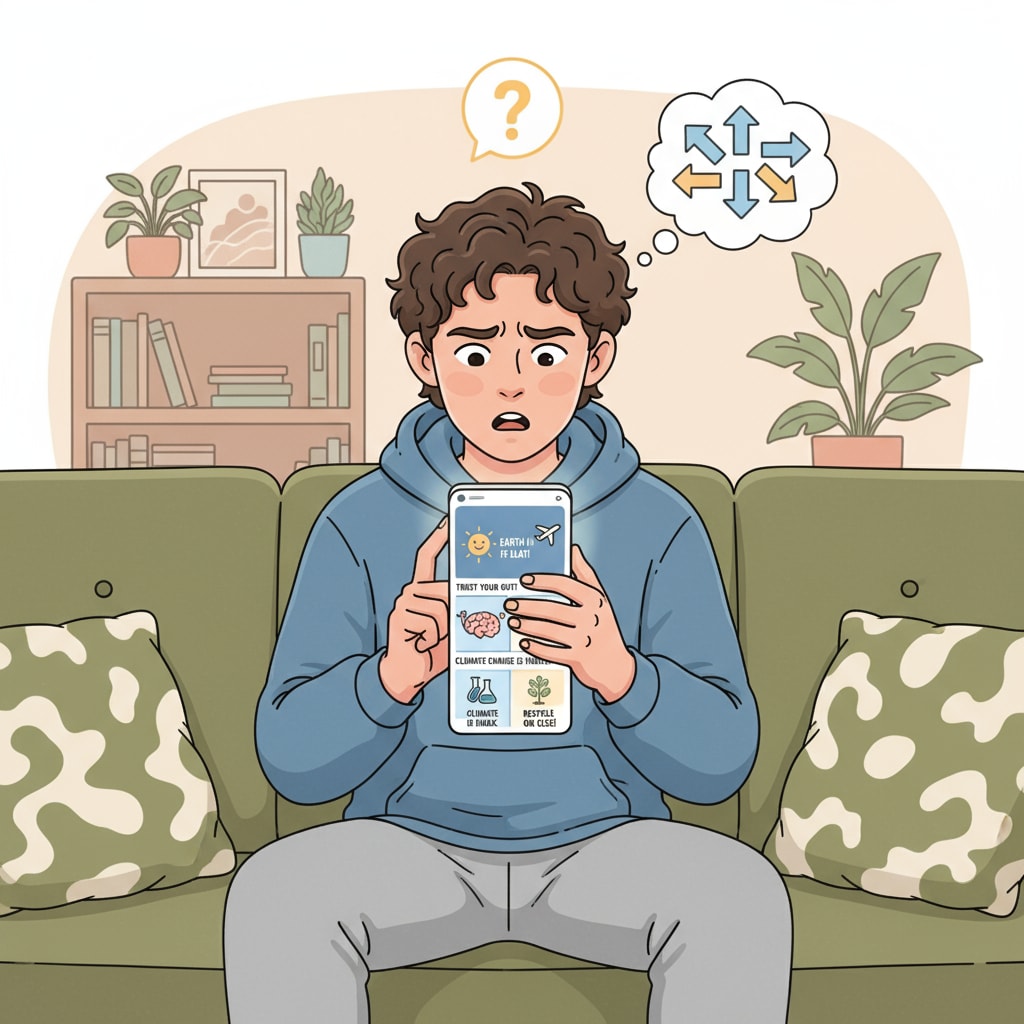 A confused teenager exposed to diverse ideas on social media related to moral relativism, shared values, and social differentiation