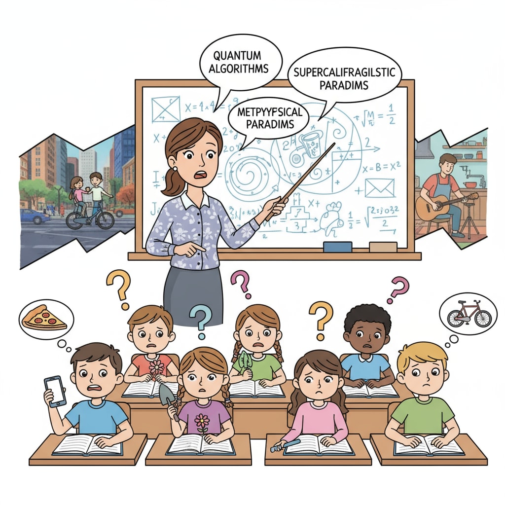 A classroom scene showing the disconnection between school education, practical skills, and life abilities