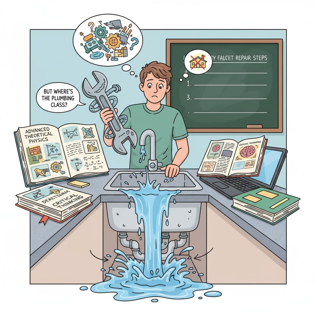 A young person's struggle with a leaky faucet due to lack of practical skills from school education