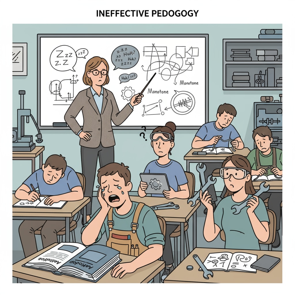 A vocational school classroom with ineffective teaching methods and unengaged students