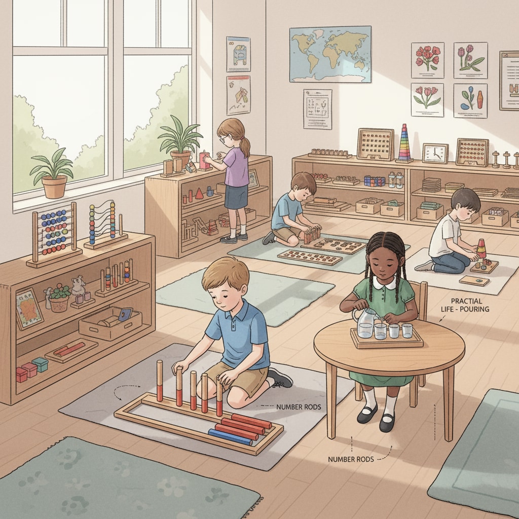 High - ability kids exploring in a Montessori classroom during the transition from Montessori to public school