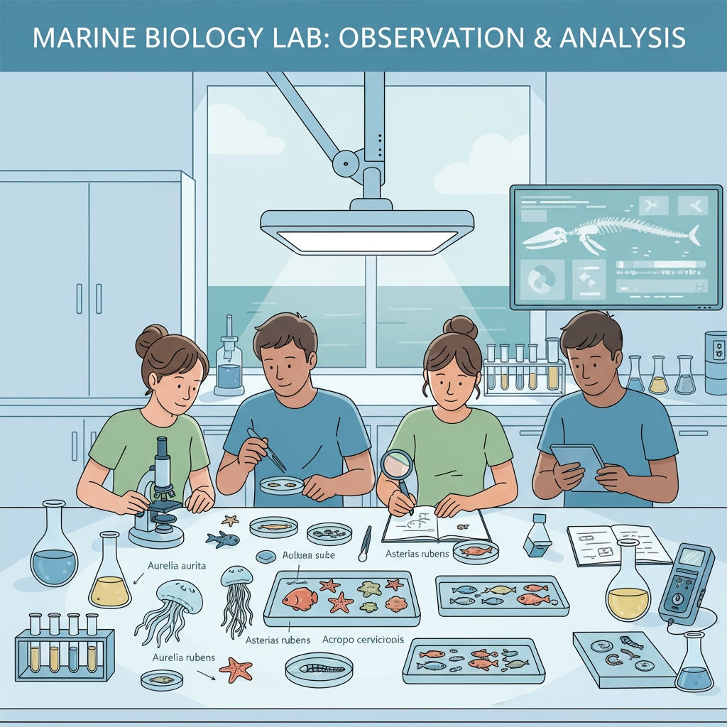 Students with no prior science background observing marine life for their science degree in marine biology