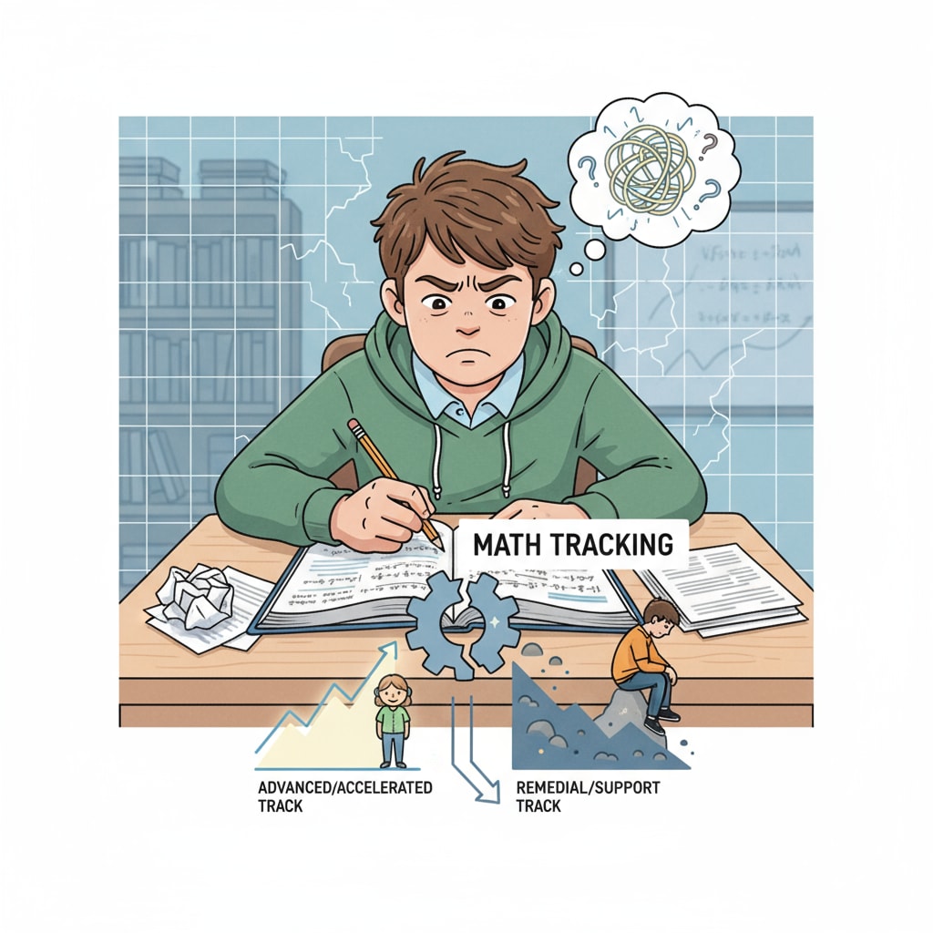 A student struggling with math problems as a result of the high-risk student tracking system.