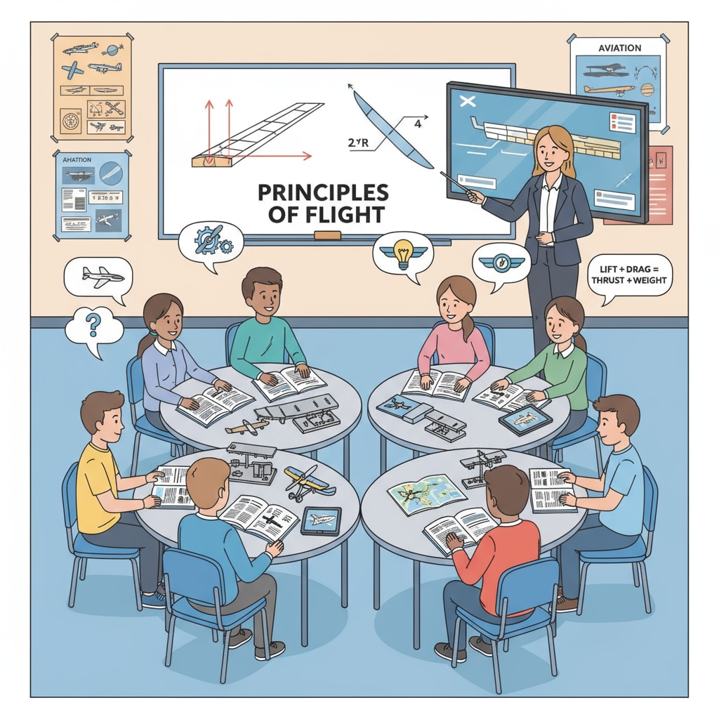 Students discussing aviation concepts, highlighting pilot skills, communication, decision-making, and situational awareness.
