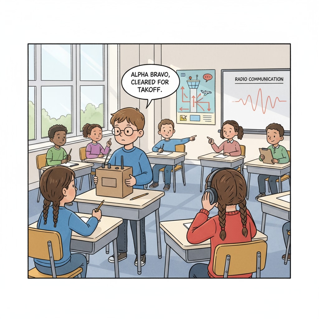 Students role-playing radio communication, emphasizing pilot skills, communication, decision-making, and situational awareness.