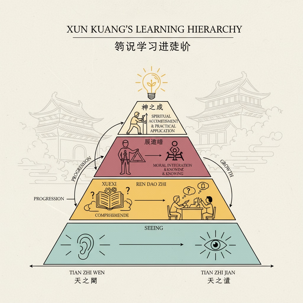 Xun Kuang's learning hierarchy theory related to learning theories, cone of experience, practical learning, and multisensory experiences