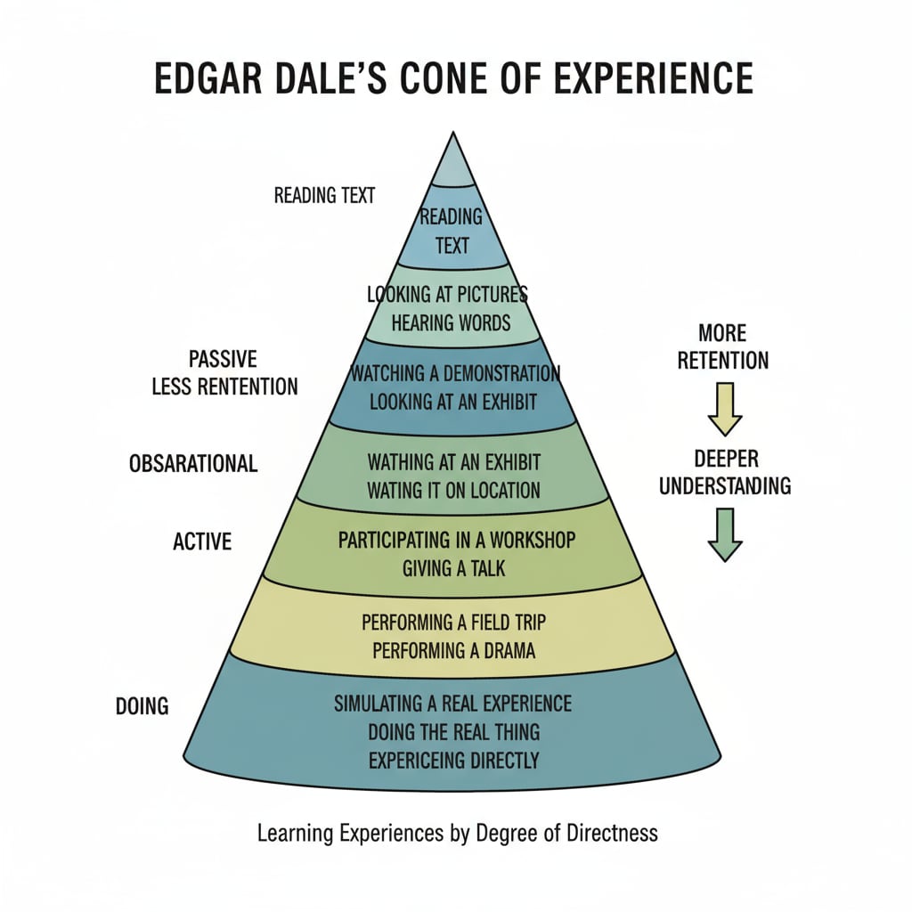 Edgar Dale's Cone of Experience relevant to learning theories, cone of experience, practical learning, and multisensory experiences