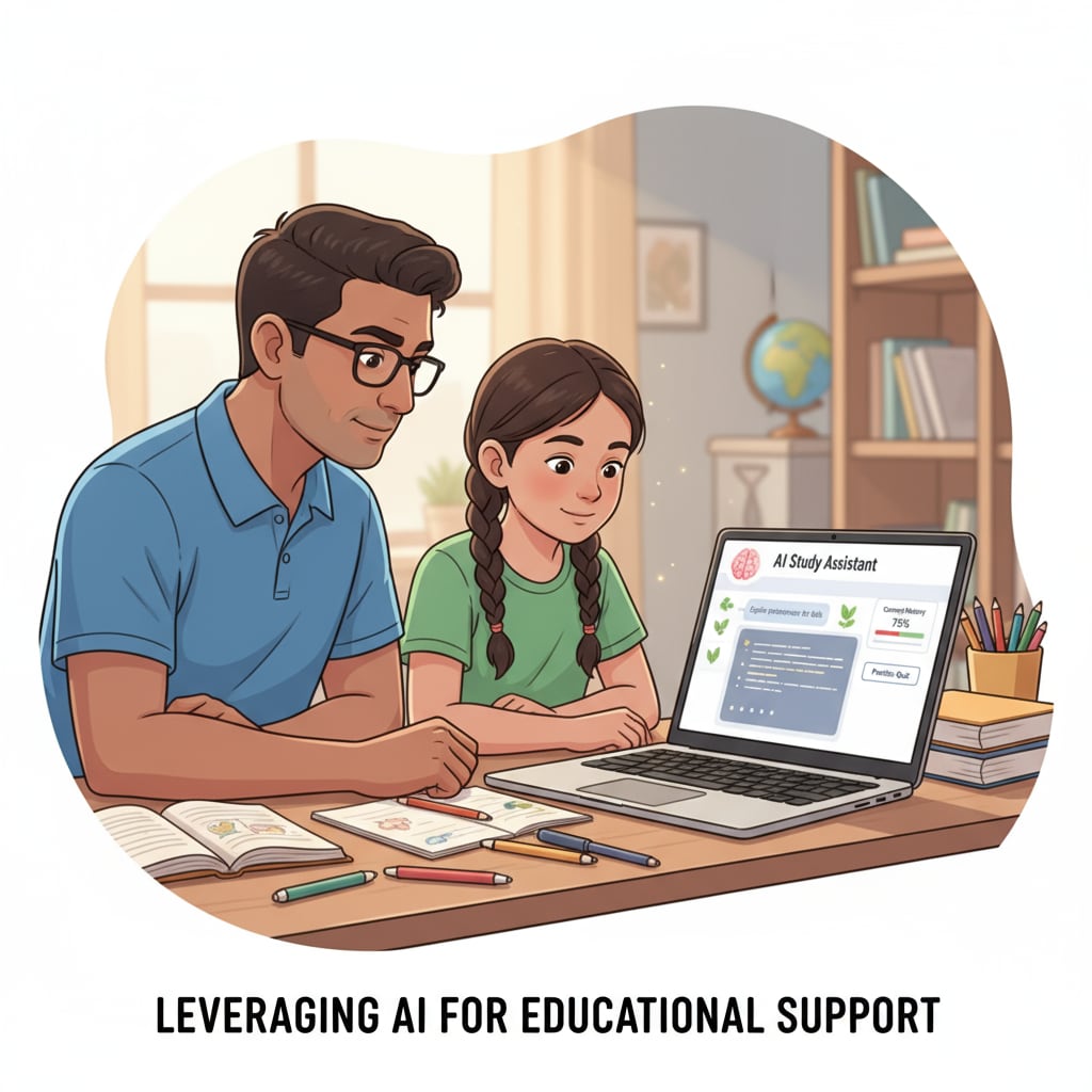 A parent using AI to help a child with homework, highlighting AI cheating, parental indulgence, and writing anxiety
